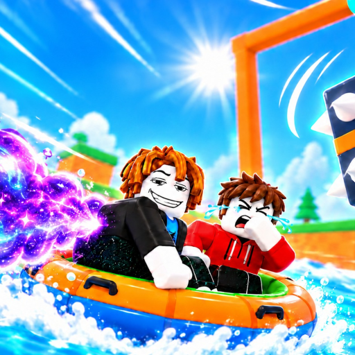 Square game art: two characters on an inflatable raft with a purple trail.