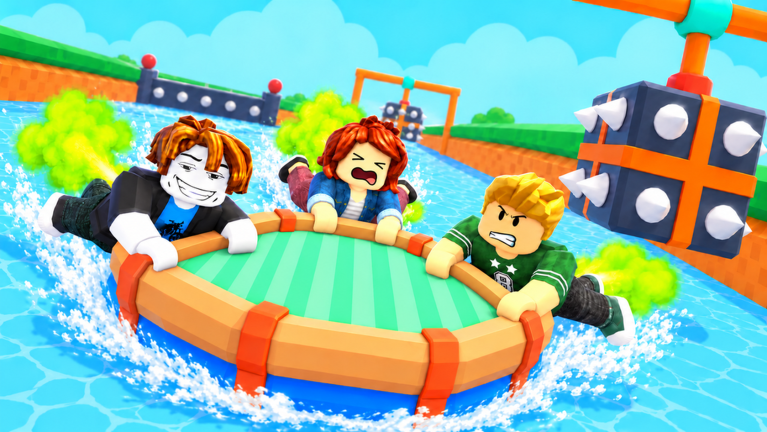 Four characters clinging to a raft on churning water with spiked obstacles overhead.